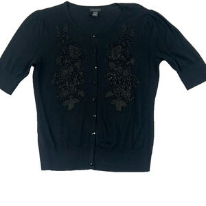 ONLY MINE Cardigan Sweater Womens Size M Black Beaded Applique 1/2 Sleeve Button